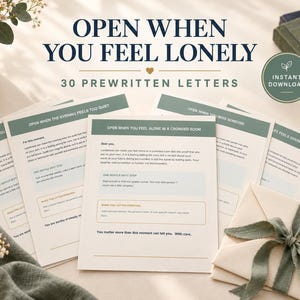 May include: A set of 30 prewritten letters titled OPEN WHEN YOU FEEL LONELY, featuring printed pages with sage green headers and text prompts. The collection includes an envelope tied with a sage green ribbon, designed for emotional support.