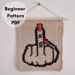 Könnte beinhalten: Beige gehäkeltes Wandbehang mit einem schwarzen Mittelfinger-Design. Die Oberseite des Aufhängers ist an einem Holzstab befestigt. Der Text "Beginner Pattern PDF" befindet sich in einem weißen Kreis oben links.