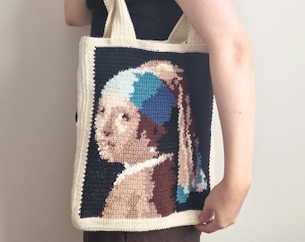 Girl With A Pearl Earring Crochet Tote | Classical Painting Shoulder Bag | Vintage-Inspired Wearable Art | Museum Masterpiece Accessory.