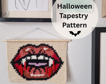 Vampire Lips Tapestry Crochet Pattern | Gothic Fangs Wall Hanging Graph | Halloween Pixel Chart | Beaded Crochet Grid PDF