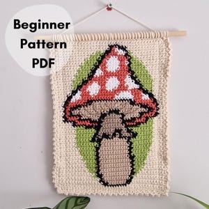Könnte beinhalten: Gehäkeltes Wandbehang mit einem Pilzdesign. Der Pilz hat eine rot-weiß gepunktete Kappe und einen braunen Stiel, der auf einem grünen Oval platziert ist. Der Text "Beginner Pattern PDF" befindet sich in der oberen linken Ecke. Der Wandbehang ist cremefarben und hängt an einem Holzstab.