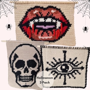 May include: A set of three crocheted wall hangings on wooden dowels. One features red lips with white fangs and red beads as blood drops. Another displays a black and beige skull. The third shows a black and beige eye design. Text reads Halloween 3 Pack.