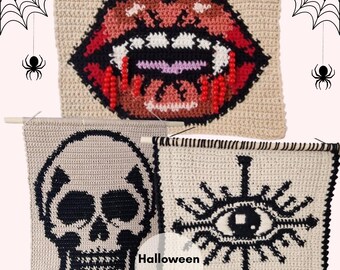 Halloween Crochet Pattern Bundle | 3-in-1 Gothic Wall Hanging Graphs, Skull, Eye, Vampire Lips | Spooky Pixel Art Grids Digital PDF