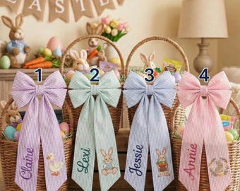 Personalized Seersucker Easter Basket Bow, Monogrammed Handle Decoration Ribbon, Easter Decor Sash