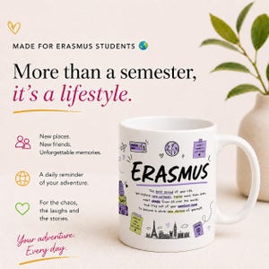 May include: White ceramic mug with the word "ERASMUS" in black and purple, decorated with travel-themed illustrations. The mug has a curved handle and text that reads "More than a semester, it's a lifestyle."
