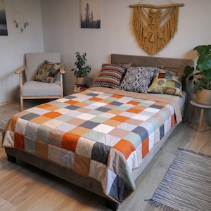 Edredón de patchwork Brick Sage, manta de algodón hecha a mano, ropa de cama beige, marrón, gris y azul, manta minimalista escandinava, decoración universal para interiores.