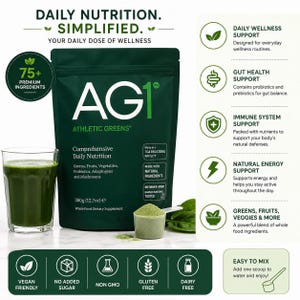 May include: A dark green bag of Athletic Greens powder with a glass of green liquid and a scoop of powder. The bag states "Comprehensive Daily Nutrition" and "Whole Food Dietary Supplement". The image also includes text about the product's benefits.
