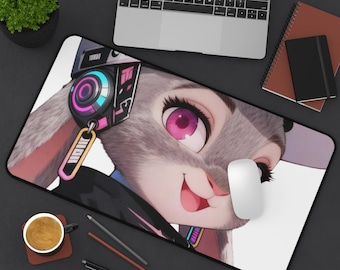 Anime Bunny Character Desk Mat | Pink Gaming Mousepad, Cyber Rabbit Artwork
