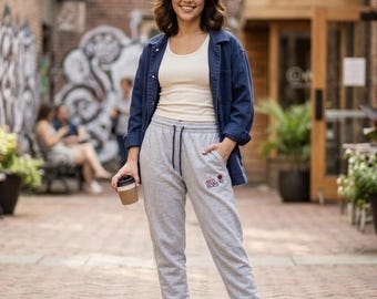 Red Rose Embroidery Joggers | Grey Sweatpants with Small Floral Stitch