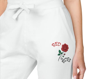 Red Rose Embroidery Fleece Sweatpants | Floral Script Joggers
