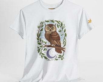 Vintage Owl on Branch T-Shirt | Crescent Moon, Botanical Wreath