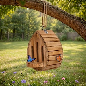 May include: A wooden butterfly house with a natural finish hangs from a tree branch. The house features a small perch and three vertical openings. Two decorative butterflies, one blue and one orange, are attached to the house. A rope is used to hang the house.
