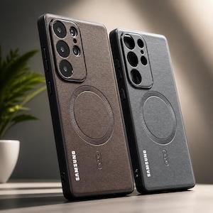 May include: Two Samsung phone cases in brown and gray. The cases have a textured finish, a circular design, and a camera cutout. The Samsung logo is printed vertically on the lower part of the case.