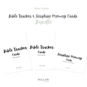 Pode incluir: Um conjunto de cartões brancos com escrita preta. Os cartões são rotulados como "Bible Tracker" e "Scripture Memory Cards". O texto "Best Value" e "Bundle" também está presente. Os cartões são da Willow.