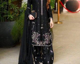 Black Embroidered Farshi Salwar Suit Set, Pakistani Wedding Guest Party Wear Dupatta