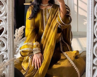 Mustard Kurti Pant Set with Dupatta, Pakistani Style Festive Wear, Gift for her.