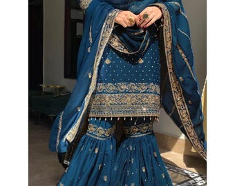 Teal Blue Embroidered Sharara Suit Set, Pakistani Style Festive Wear, Georgette Dupatta Set