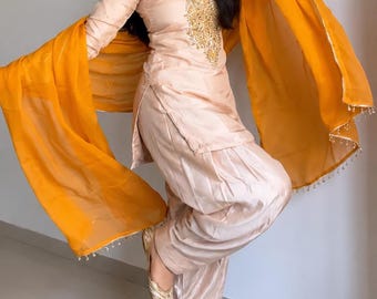 Champagne Farshi Salwar Suit Set, Embroidered Kurta Dupatta, Heavy Satin Glass, Moti Work
