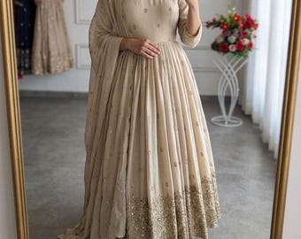 Beige Embroidered Anarkali Gown with Dupatta, Indian Ethnic Wedding Party Wear