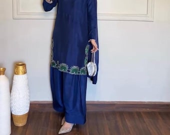 Navy Blue Embroidered Silk Farshi Salwar Suit Set, Festive Indian Ethnic Wear