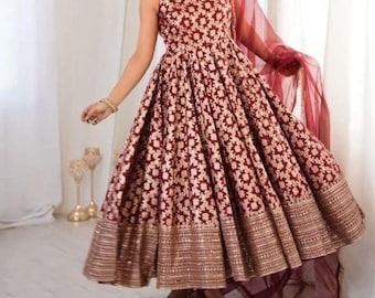 Maroon Floral Anarkali Suit Set with Dupatta, Indian Ethnic Party Wear Outfit