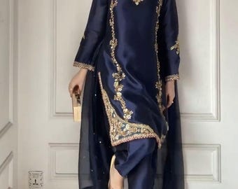 Navy Blue Embroidered Silk Kurta Salwar Kameez Set with Dupatta, Pakistani Style Festive Wear