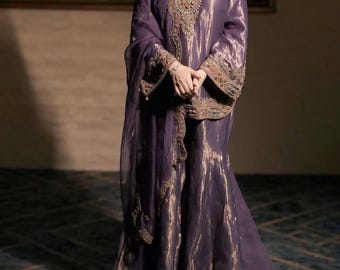 Purple Fendy Silk Embroidered Kurti Palazzo Dupatta Set, Festive Ethnic Wear
