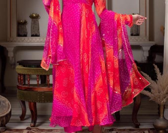 Bandhani Pink Anarkali Gown, Fox Georgette, Heavy Embroidery Sequins Work