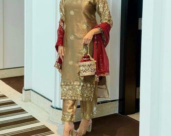 Golden Beige Embroidered Silk Salwar Suit Set, Festive Indian Kurta Dupatta Outfit
