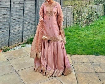 Blush Pink Chinon Silk Kurta Sharara Set with Dupatta, Embroidered Pakistani Style Outfit