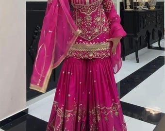 Hot Pink Silk Sharara Suit, Embroidered Sequence Work, Party Wedding Eid Dress