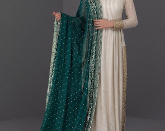 White Anarkali Naira Cut Suit, Green Dupatta, Embroidered Gown Set, Indian Wedding Outfit