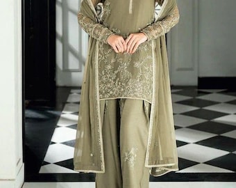 Sage Green Embroidered Pakistani Suit Set, Faux Georgette Salwar Kameez Dupatta
