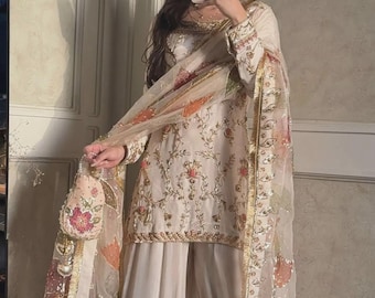 White Pakistani Sharara Kurta Dupatta Set: Cinon Silk, Embroidery, Partywear Outfit