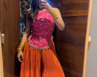 Pink Embroidered Crop Top Sharara Set, Festive Ethnic Outfit, Mehendi Wedding Guest Wear