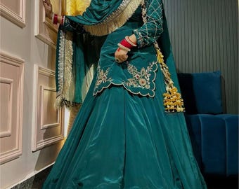 Teal Embroidered Crepe Silk Lehenga Set with Dupatta, Women's Festive Ethnic Wear