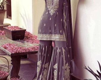 Dusty Purple Embroidered Sharara Suit Set, Pakistani Style Indian Wedding Outfit