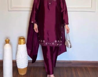 Wine Embroidered American Silk Salwar Suit Set, Pakistani Party Wear Dupatta Outfit