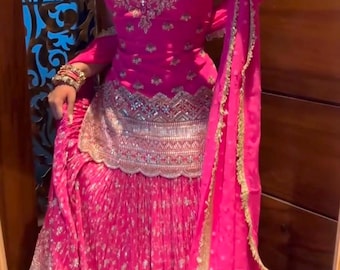 Hot Pink Embroidered Lehenga Choli Set, Indian Wedding Festive Wear, Chinon Silk Sequence Work