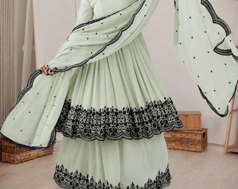 Embroidered Anarkali Sharara Set, Faux Georgette Kurta Palazzo Suit, Festive Indian Outfit