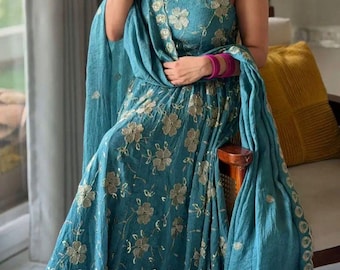 Teal Blue Floral Embroidered Anarkali Suit Set with Dupatta, Indian Ethnic Party Wear Dress