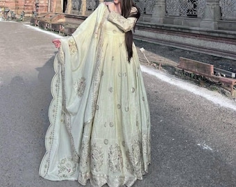 Ivory Anarkali Suit Set, Chinon Silk Embroidered Gown with Dupatta, Pakistani Party Wear Dress
