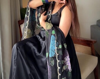 Black Anarkali Dress Set, Floral Silk Dupatta, Indian Ethnic Party Wear Gown