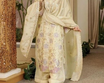 Cream Embroidered Vichitra Silk Salwar Suit Set, Women's Indian Ethnic Kurta Palazzo Dupatta