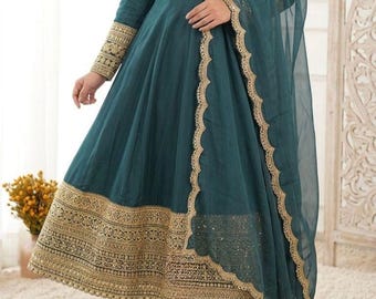 Teal Green Anarkali Dress Pakistani Crepe Suit With Dupatta – Embroidered Eastern Party Wear