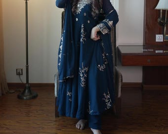 Navy Blue Embroidered Anarkali Suit Set, Festive Indian Gown, Party Wear Dupatta