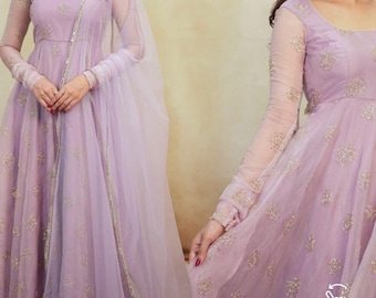 Embroidered Lavender Organza Anarkali Gown with Dupatta, Floor Length Ethnic Dress
