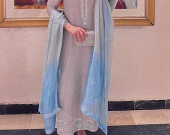 Sky Blue Silk Embroidered Pakistani Salwar Kameez Set with Dupatta