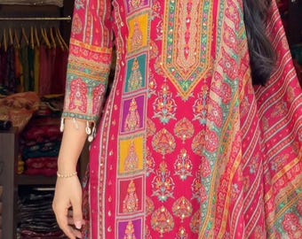 Maska Cotton Digital Print Kurti Pant Set with Mirror Work Dupatta