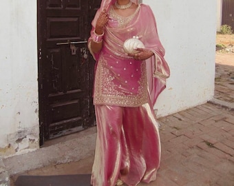 Pink Gmy Silk Punjabi Suit, Embroidered Kurta Sharara with Dupatta, Wedding Wear